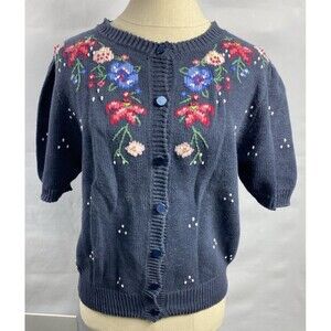 Vintage Chatelle Garden Flowers Knit Cardigan Size M 12/24 Navy